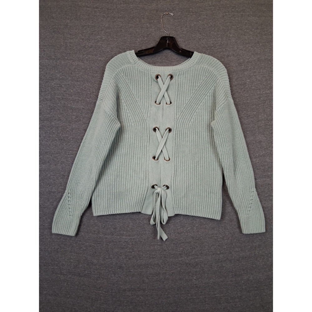 Lucky Brand Womens Sweater S Green Sage Corset Back Chunky Neutral Western COzy
